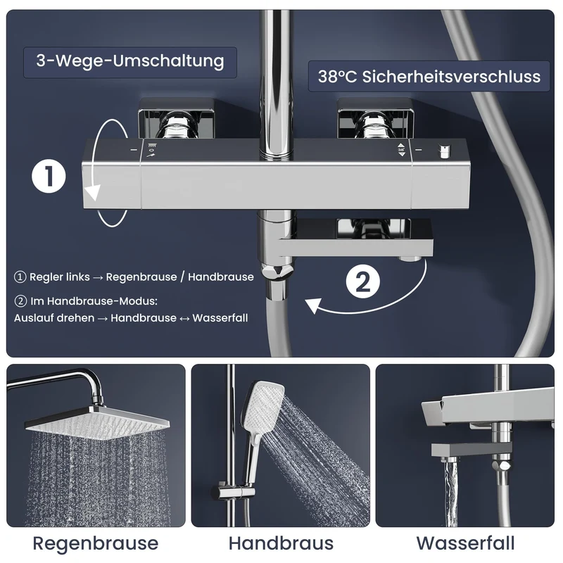 Garvee Duschsystem Mit Thermostat Chrom 3-Strahlen-Handbrause Edelstahl-Duschstange PVC-Duschschlauch Regendusche 30x20cm Für Bad