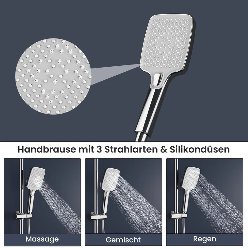 Garvee Duschsystem Mit Thermostat Chrom 3-Strahlen-Handbrause Edelstahl-Duschstange PVC-Duschschlauch Regendusche 30x20cm Für Bad