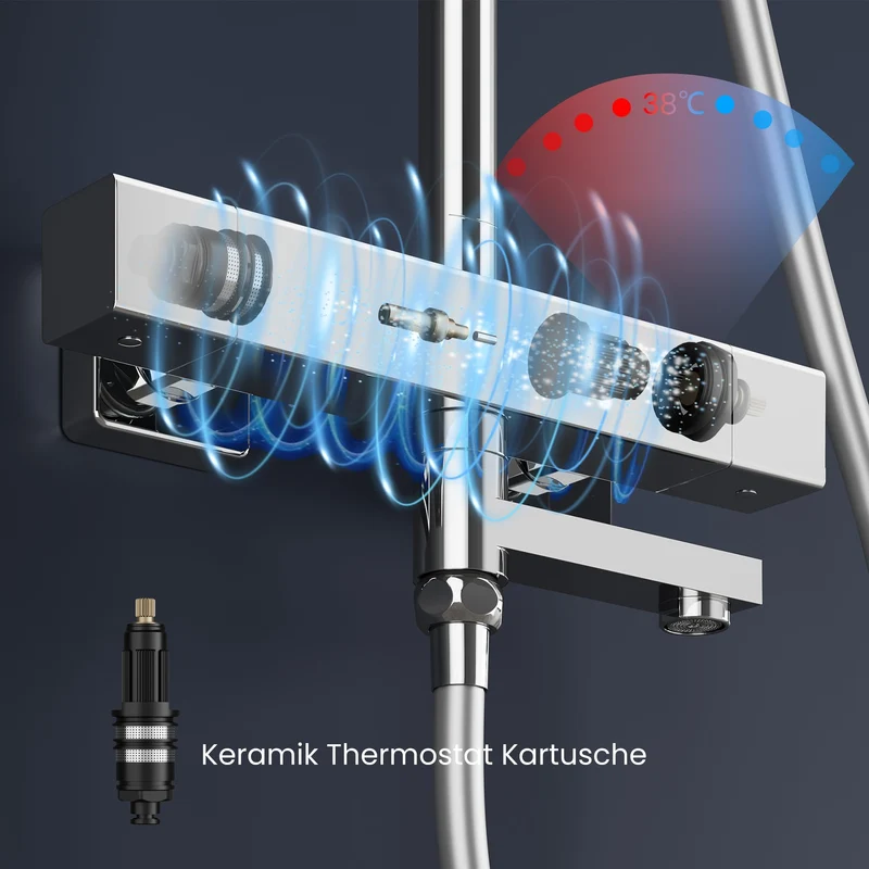 Garvee Duschsystem Mit Thermostat Chrom 3-Strahlen-Handbrause Edelstahl-Duschstange PVC-Duschschlauch Regendusche 30x20cm Für Bad