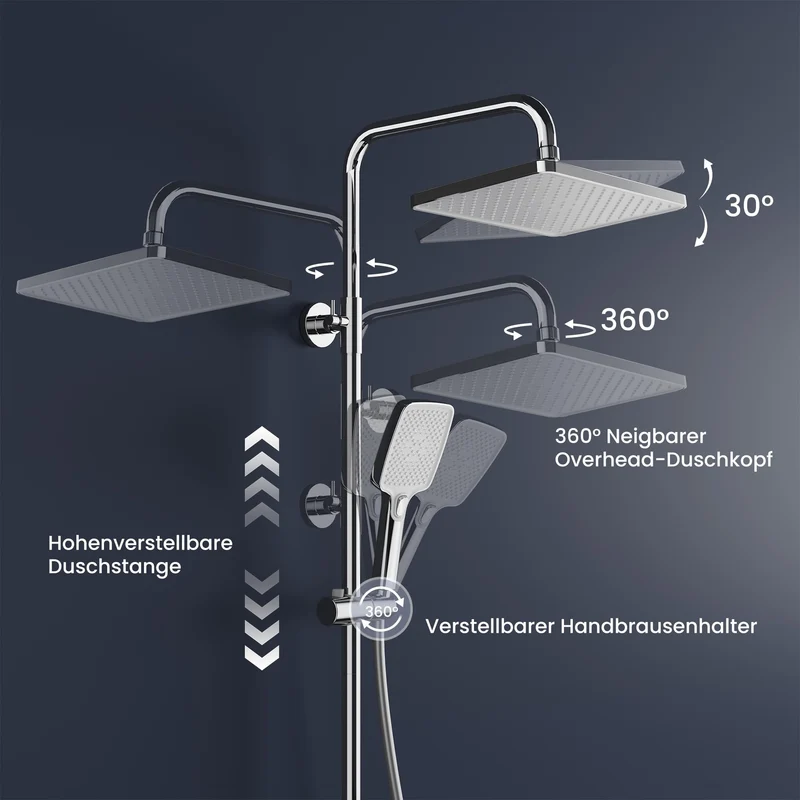 Garvee Duschsystem Mit Thermostat Chrom 3-Strahlen-Handbrause Edelstahl-Duschstange PVC-Duschschlauch Regendusche 30x20cm Für Bad