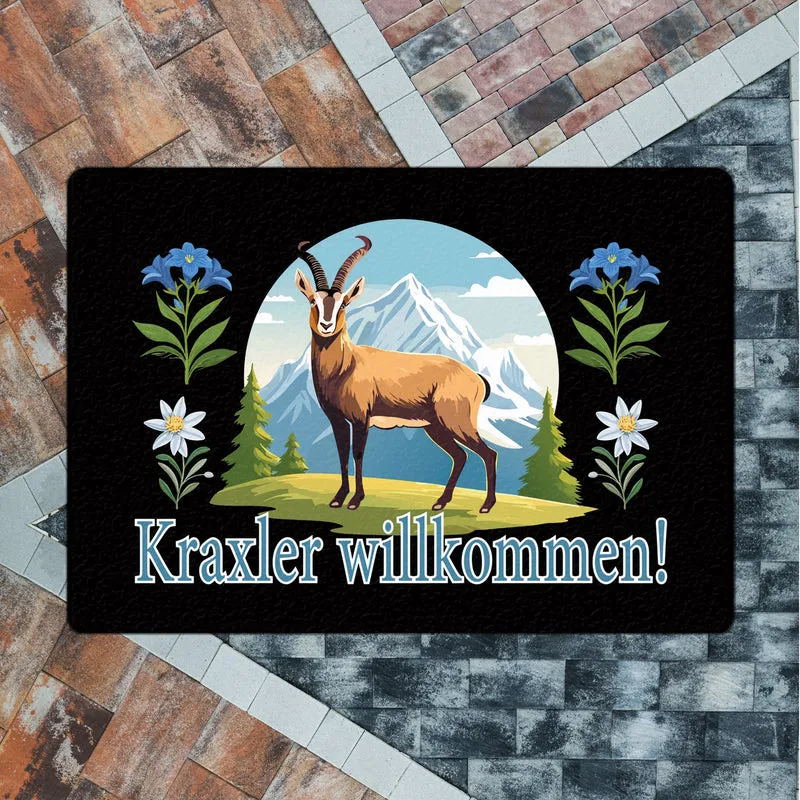 Steinbock Fußmatte in 35x50 cm ohne Rand mit Spruch: Kraxler willkommen!