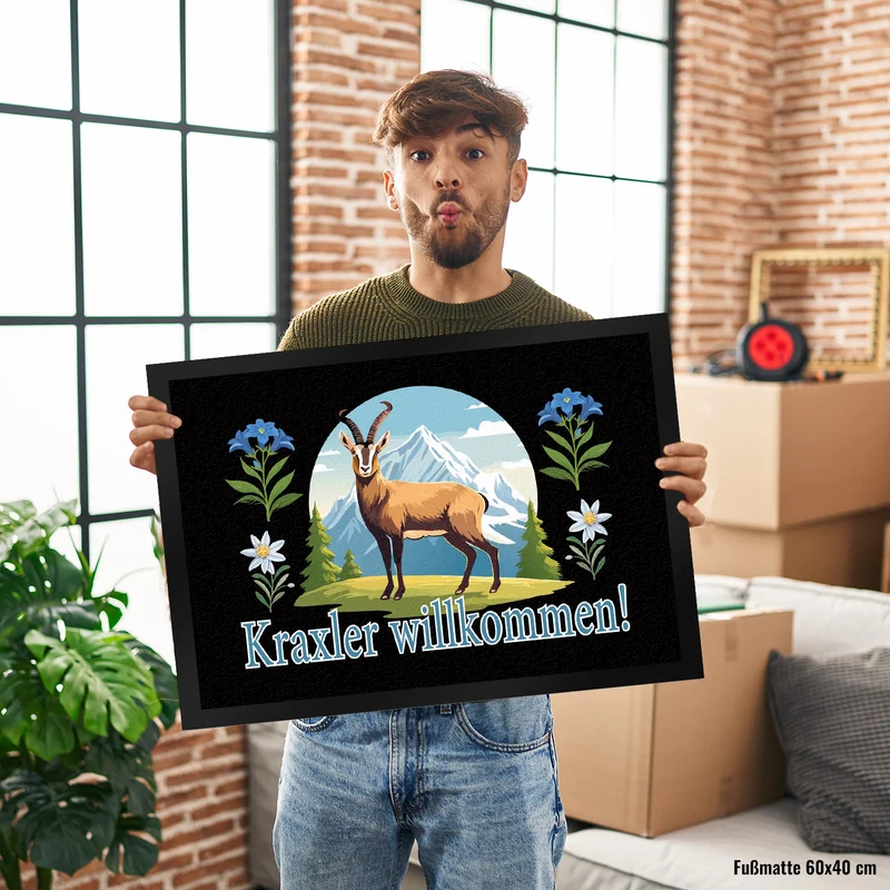 Steinbock Fußmatte in 35x50 cm mit Spruch: Kraxler willkommen!