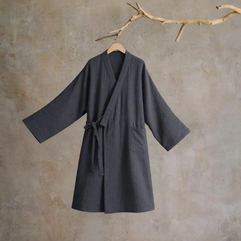 Kimono-Bademantel aus einfarbigem Baumwollgaze, Unisex