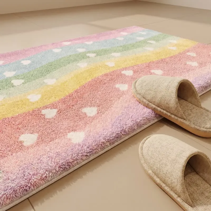 Regenbogenherz-Badezimmerteppich aus Kunstfell, rutschfest