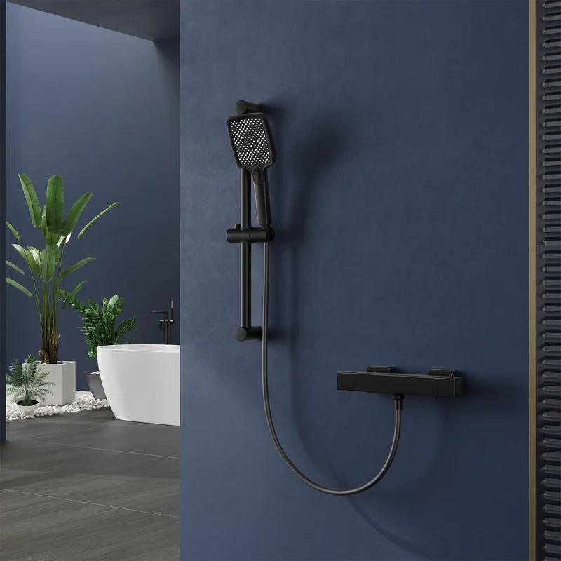 Garvee Duscharmatur Thermostat Schwarz Mit Brausegarnitur Für Bad & Dusche, 70cm Edelstahl, 150cm PVC-Schlauch, Anti-Wickel