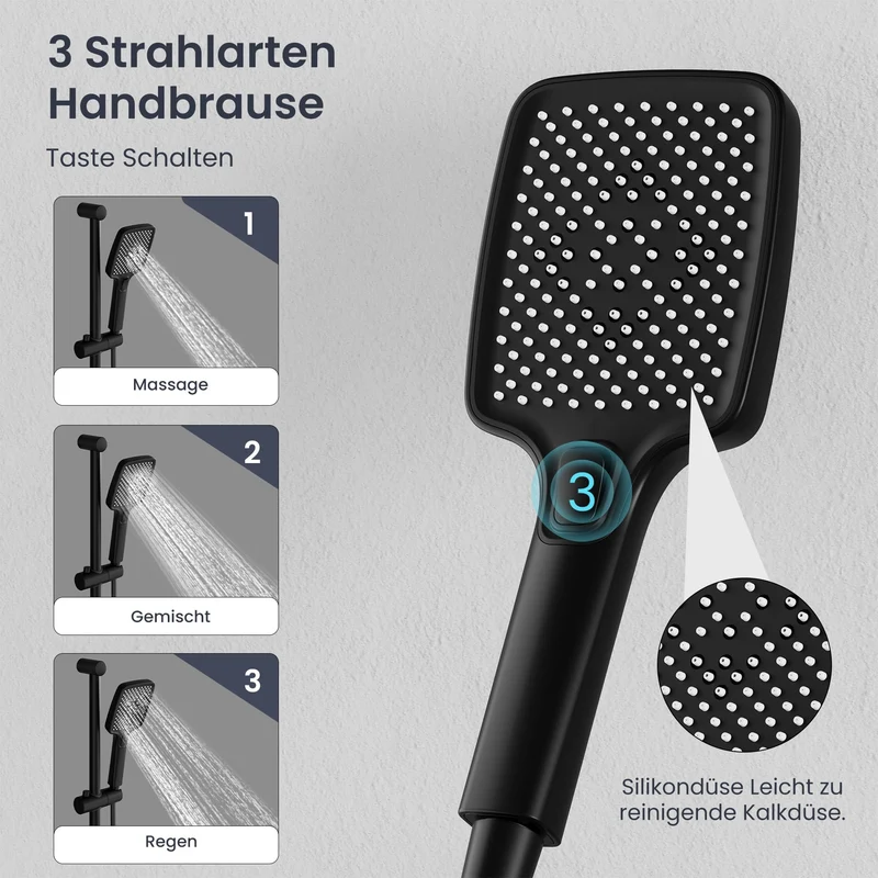 Garvee Duscharmatur Thermostat Schwarz Mit Brausegarnitur Für Bad & Dusche, 70cm Edelstahl, 150cm PVC-Schlauch, Anti-Wickel
