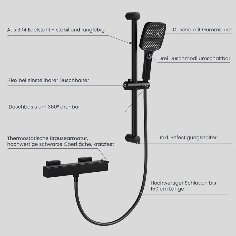 Garvee Duscharmatur Thermostat Schwarz Mit Brausegarnitur Für Bad & Dusche, 70cm Edelstahl, 150cm PVC-Schlauch, Anti-Wickel