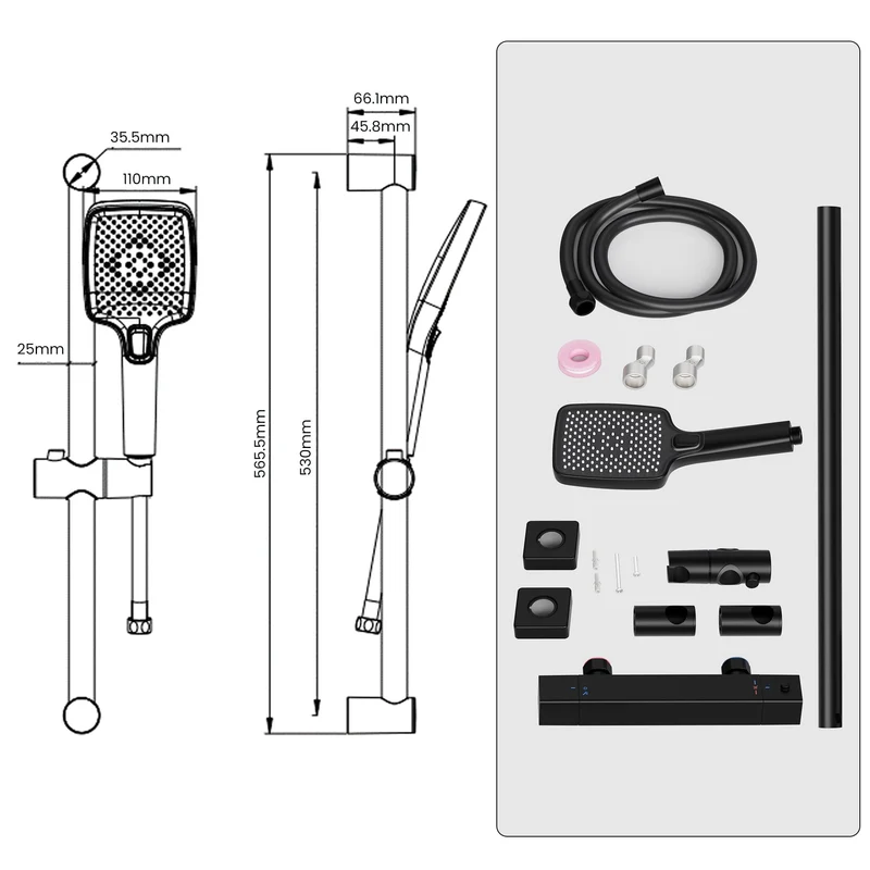 Garvee Duscharmatur Thermostat Schwarz Mit Brausegarnitur Für Bad & Dusche, 70cm Edelstahl, 150cm PVC-Schlauch, Anti-Wickel