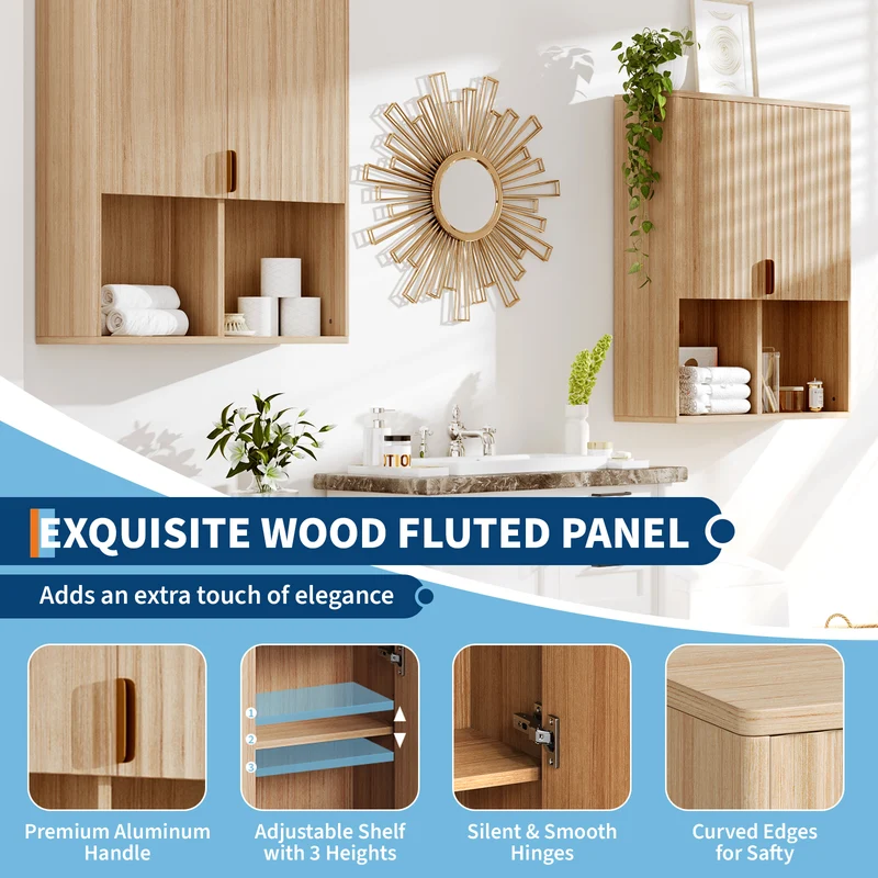 Garvee Mobiletto Da Bagno In Legno Flutato 23"x29" - Ripiano Regolabile, Cerniere Ammortizzate - Particelle, Finitura Naturale, Armadietto Sopra WC Moderno