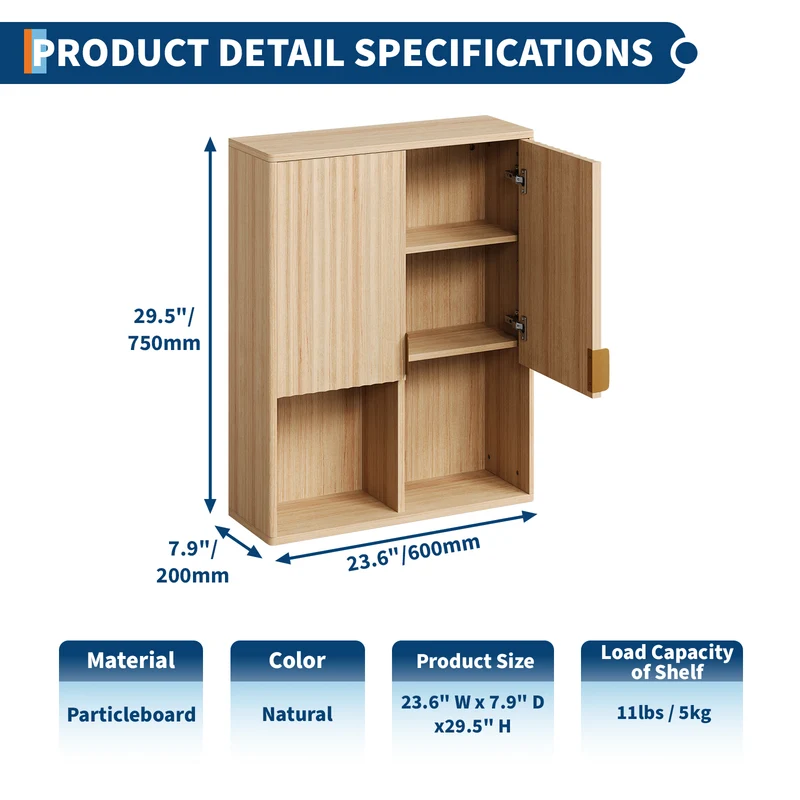 Garvee Mobiletto Da Bagno In Legno Flutato 23"x29" - Ripiano Regolabile, Cerniere Ammortizzate - Particelle, Finitura Naturale, Armadietto Sopra WC Moderno