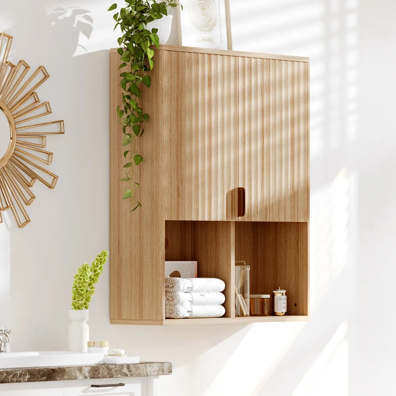 Garvee Mobiletto Da Bagno In Legno Flutato 23"x29" - Ripiano Regolabile, Cerniere Ammortizzate - Particelle, Finitura Naturale, Armadietto Sopra WC Moderno