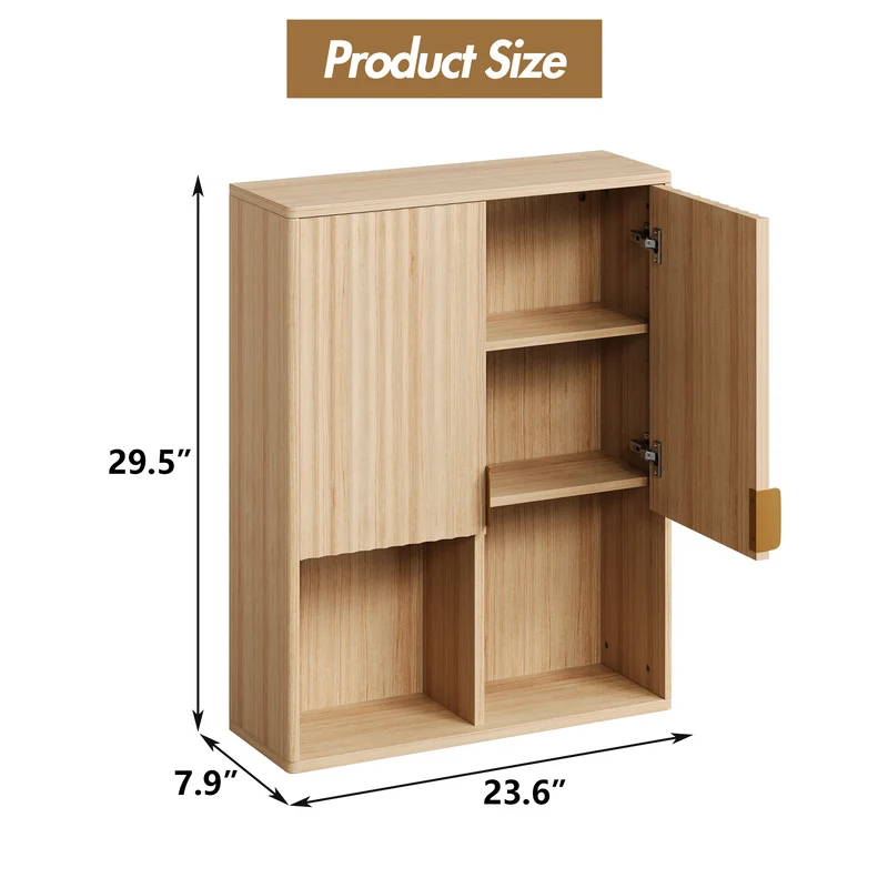 Garvee Mobiletto Da Bagno In Legno Flutato 23"x29" - Ripiano Regolabile, Cerniere Ammortizzate - Particelle, Finitura Naturale, Armadietto Sopra WC Moderno
