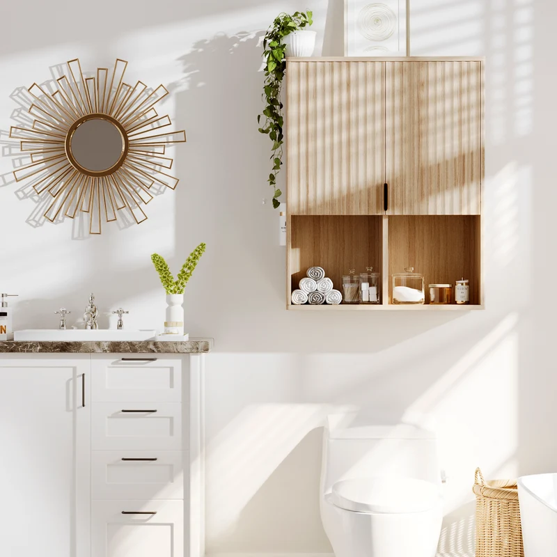 Garvee Mobiletto Da Bagno In Legno Flutato 23"x29" - Ripiano Regolabile, Cerniere Ammortizzate - Particelle, Finitura Naturale, Armadietto Sopra WC Moderno