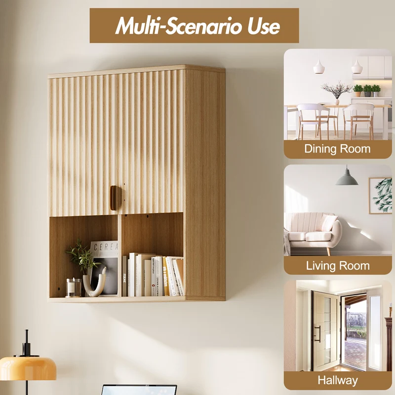 Garvee Mobiletto Da Bagno In Legno Flutato 23"x29" - Ripiano Regolabile, Cerniere Ammortizzate - Particelle, Finitura Naturale, Armadietto Sopra WC Moderno