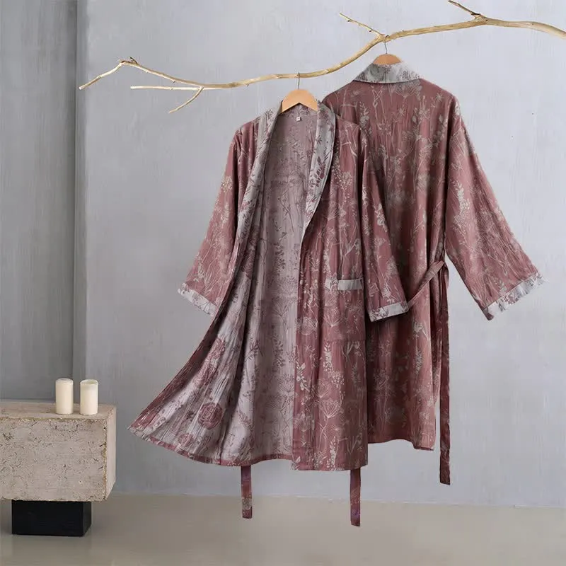 Vintage-Bademantel aus Baumwolle mit botanischem Flair (Doppelgaze)