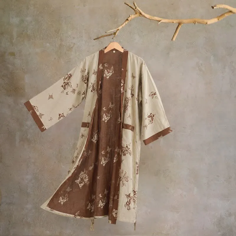 Eleganter Kimono-Bademantel aus Baumwolle mit Schmetterlingsmotiv