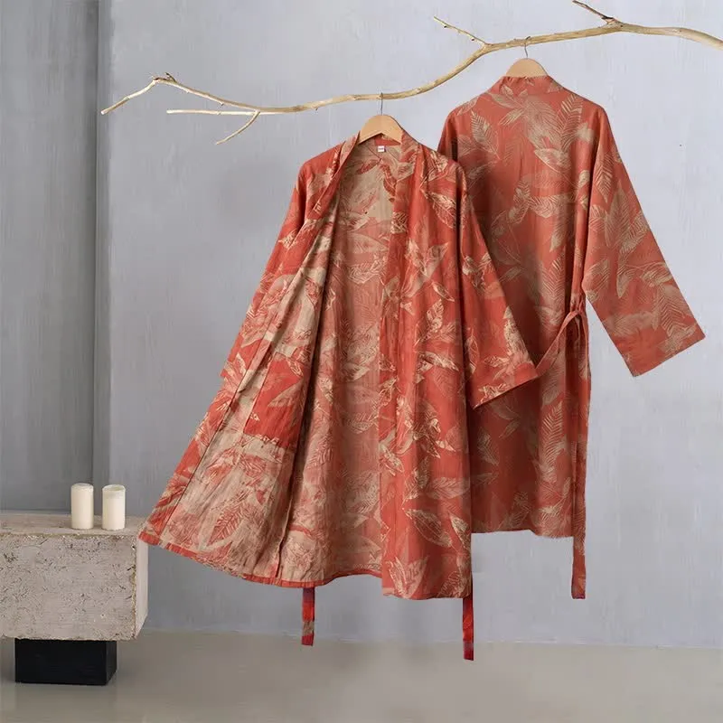 Kimono-Bademantel aus Baumwollgaze mit Korallenblattmuster