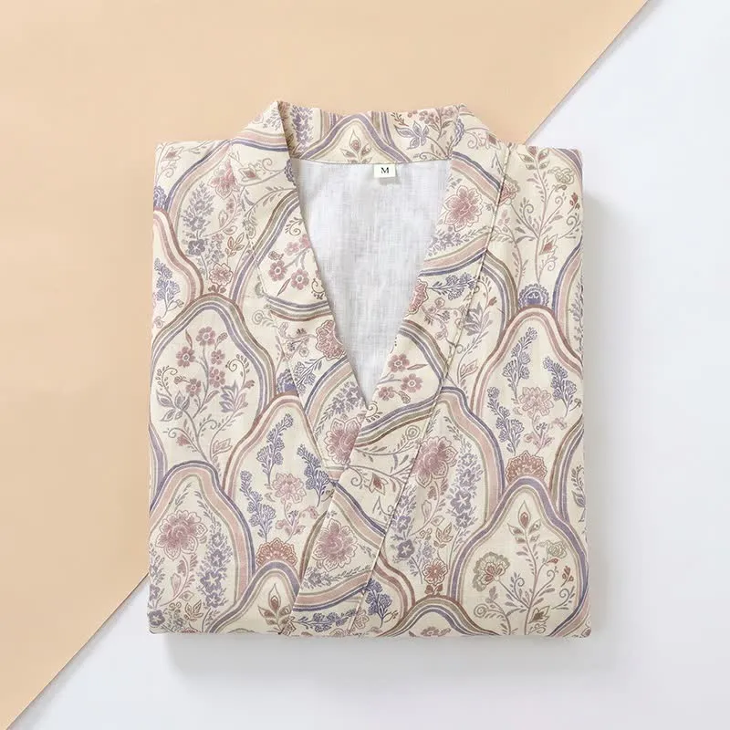 Boho Vintage Kimono-Bademantel aus Baumwollgaze