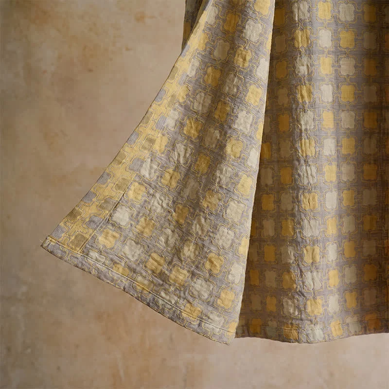 Kimono-Bademantel aus weicher, gelb-grau karierter Baumwolle