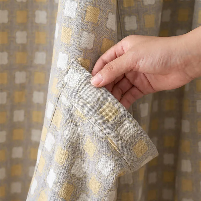 Kimono-Bademantel aus weicher, gelb-grau karierter Baumwolle