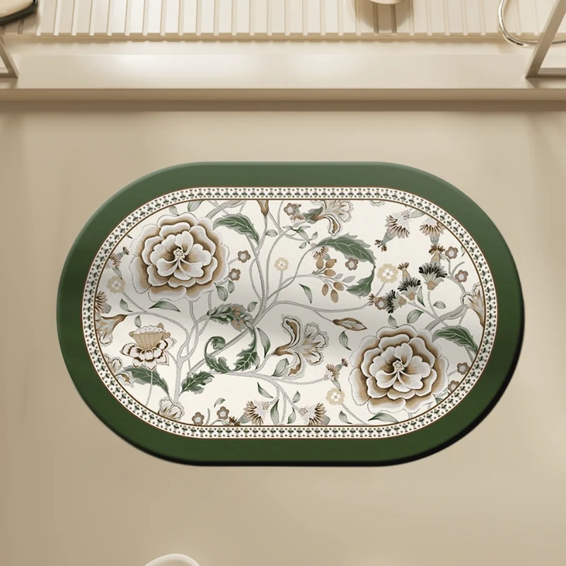 Ovaler Badezimmerteppich im Vintage-Stil mit botanischem Blumenmuster