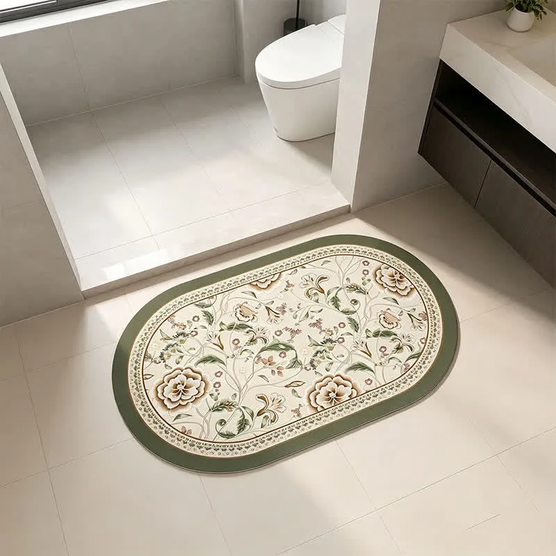 Ovaler Badezimmerteppich im Vintage-Stil mit botanischem Blumenmuster