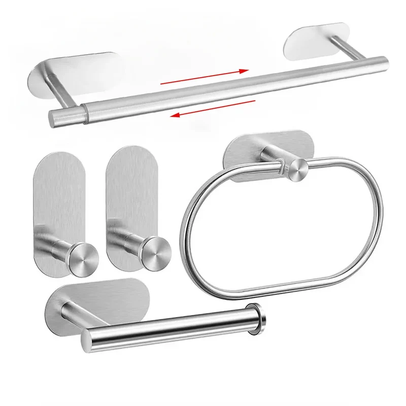 Selbstklebendes Badezimmer-Zubehörset aus Edelstahl – Ohne Bohren | Gebürstetes Finish | Metallmontage