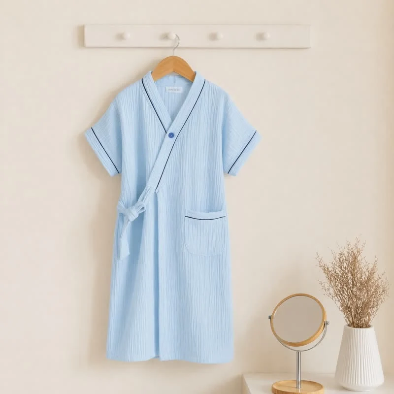 Blauer Kimono-Bademantel aus Baumwollgaze für Kinder