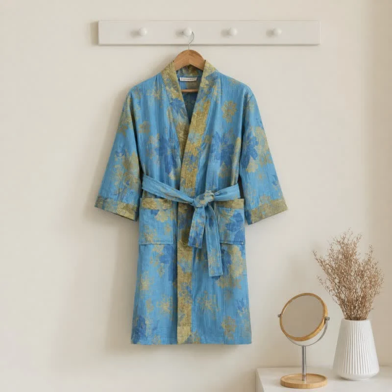 Blauer Baumwoll-Kimono-Bademantel mit Blumenmuster für Kinder