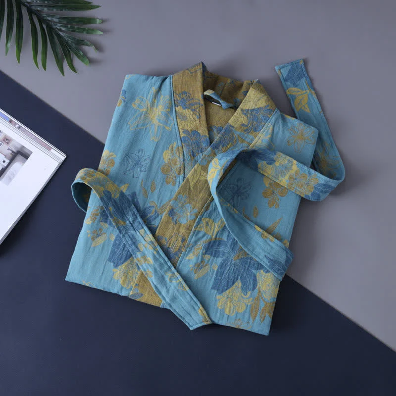 Blauer Baumwoll-Kimono-Bademantel mit Blumenmuster für Kinder