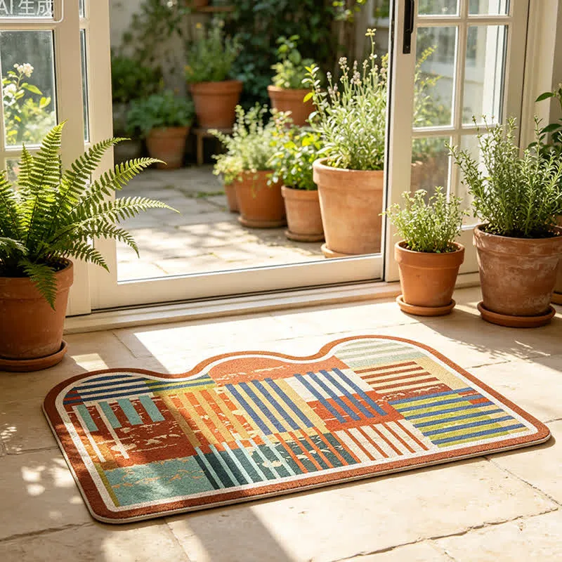 Retro-Patchwork-Teppich mit Wellenkante