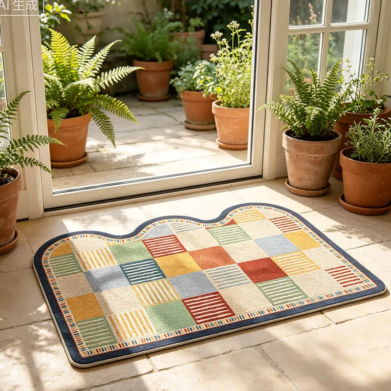 Retro-Patchwork-Teppich mit Wellenkante