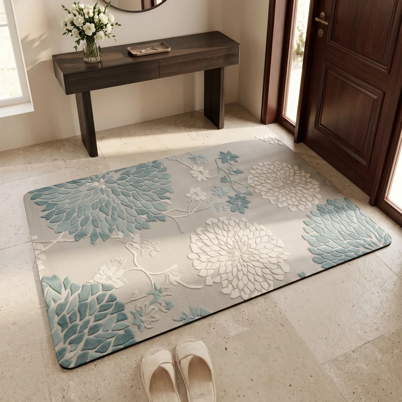Blauer, rutschfester Badezimmerteppich mit Vintage-Blumenmuster