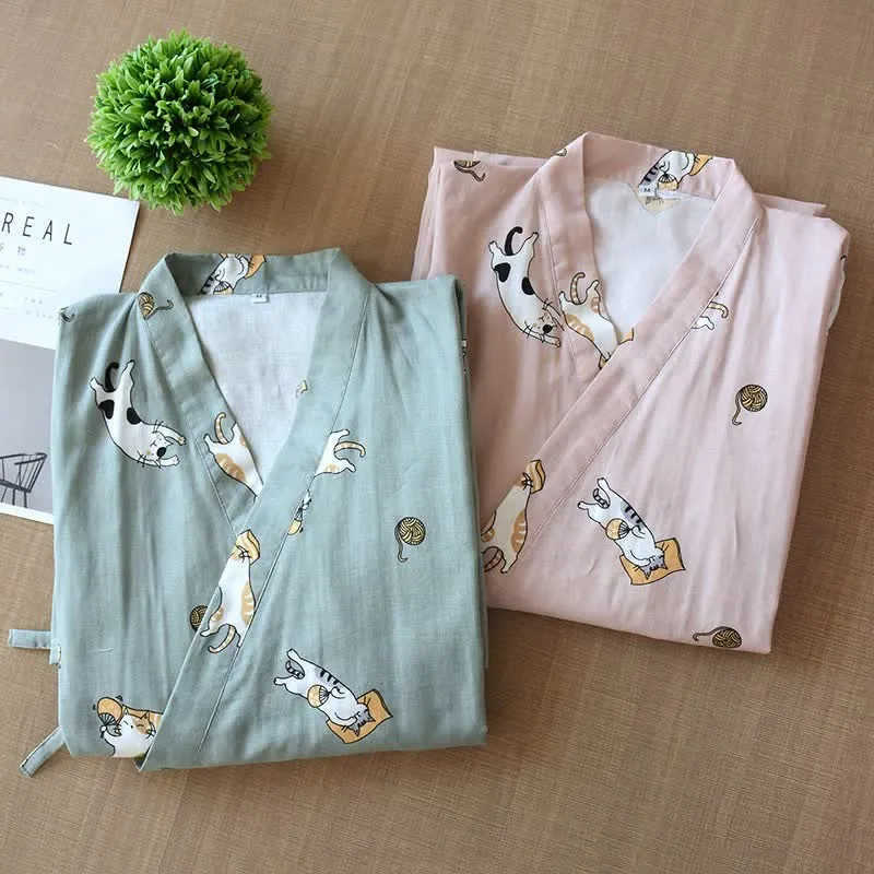 Partner-Kimono aus Baumwolle mit Katzenmotiv