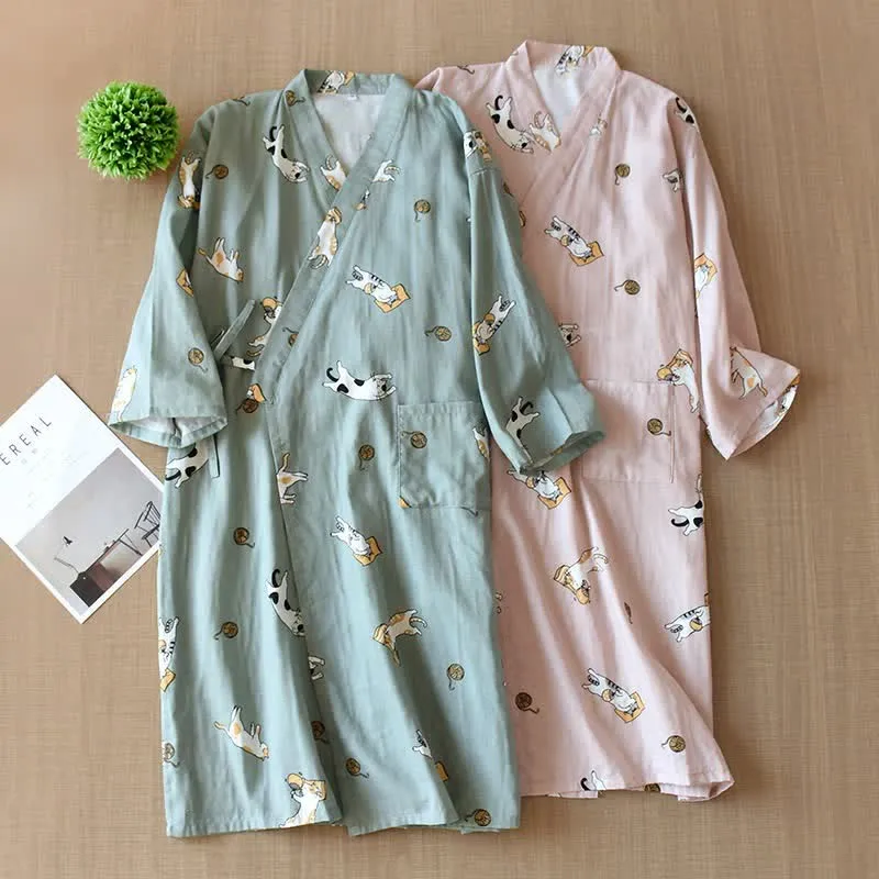 Partner-Kimono aus Baumwolle mit Katzenmotiv