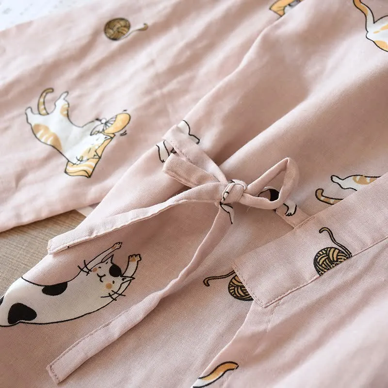 Partner-Kimono aus Baumwolle mit Katzenmotiv