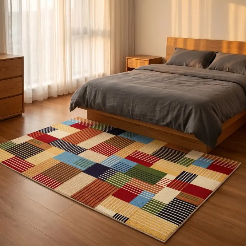 Gestreifter Patchwork-Teppich mit geometrischem Muster
