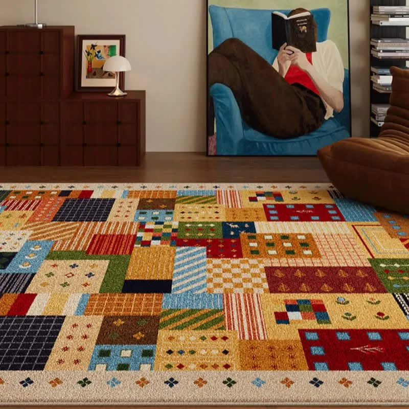 Lebhafter Patchwork-Teppich mit geometrischem Muster