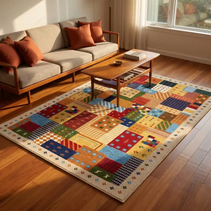 Lebhafter Patchwork-Teppich mit geometrischem Muster