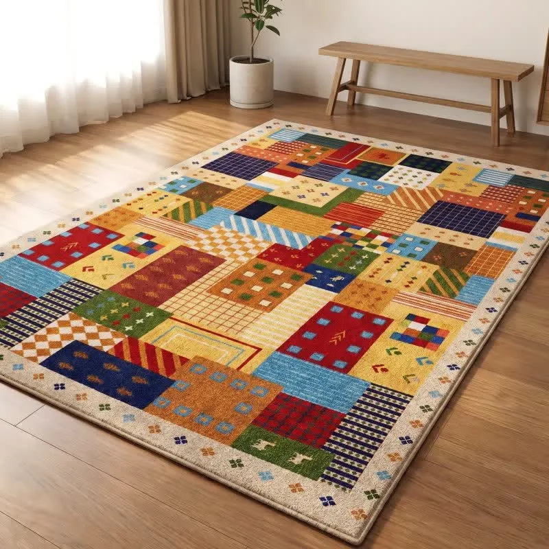 Lebhafter Patchwork-Teppich mit geometrischem Muster