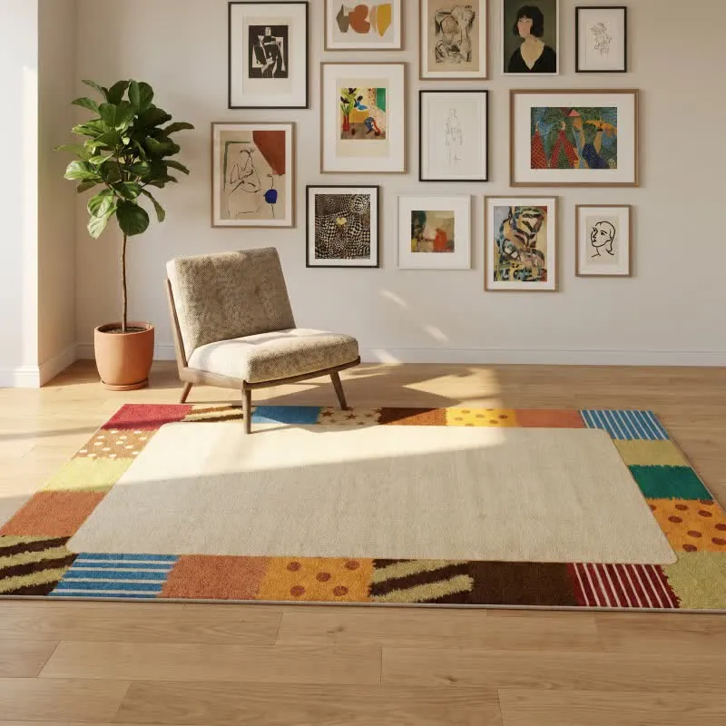 Retro-Patchwork-Teppich mit Bordüre