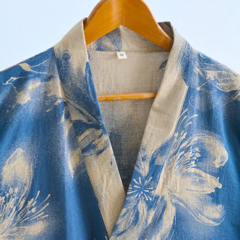 Kimono-Bademantel aus Bio-Baumwolle mit Aquarellblumenmuster