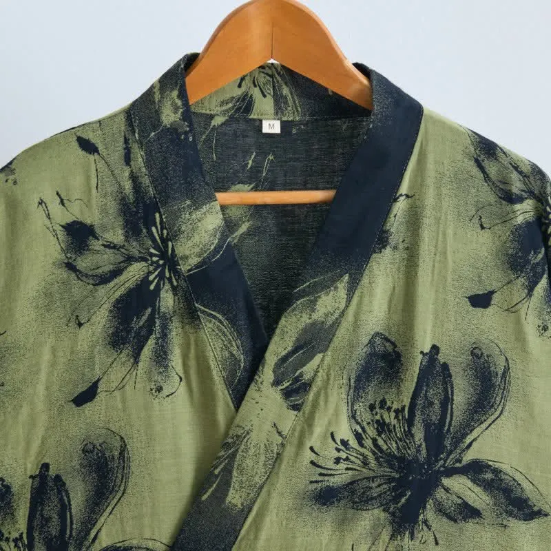 Kimono-Bademantel aus Bio-Baumwolle mit Aquarellblumenmuster