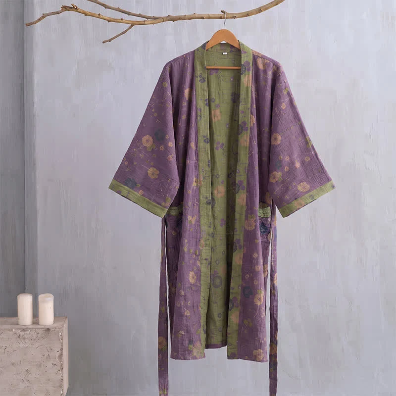 Kimono-Bademantel aus Bio-Baumwolle mit Gartenblumenmuster