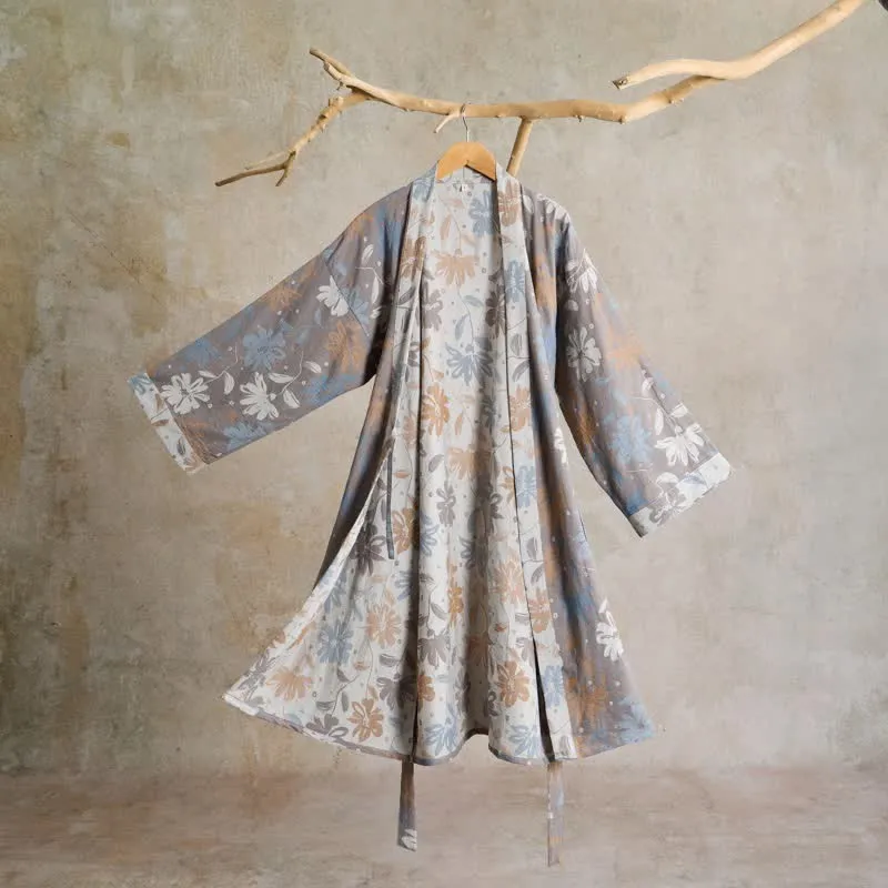 Grauer Kimono-Bademantel aus Baumwollgaze mit Blumenmuster