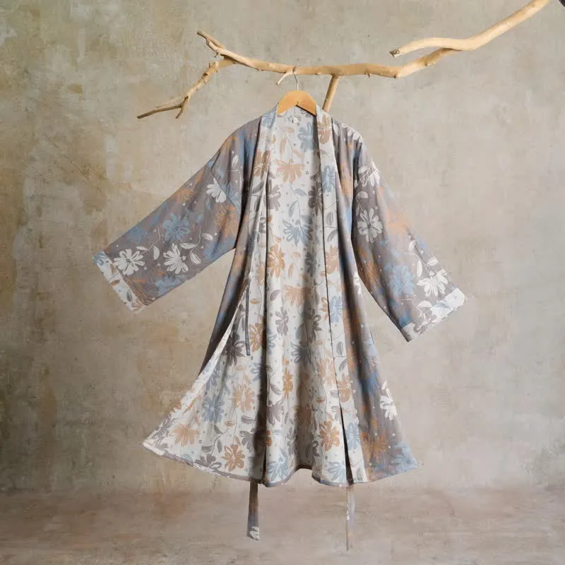 Grauer Kimono-Bademantel aus Baumwollgaze mit Blumenmuster