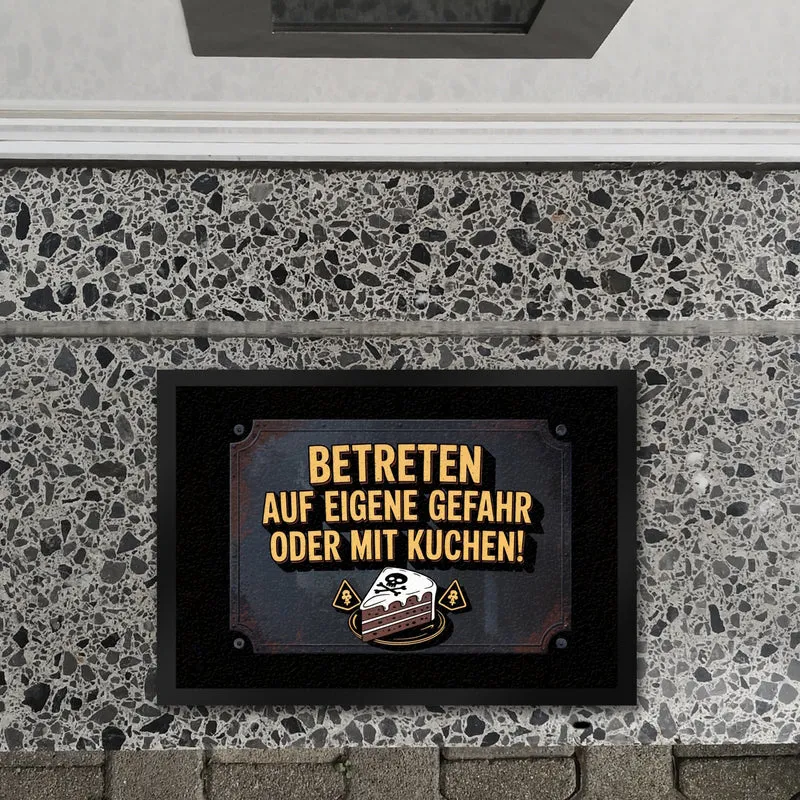 Totenkopf Fußmatte in 35x50 cm mit Kuchenwarnung für Vintage-Fans