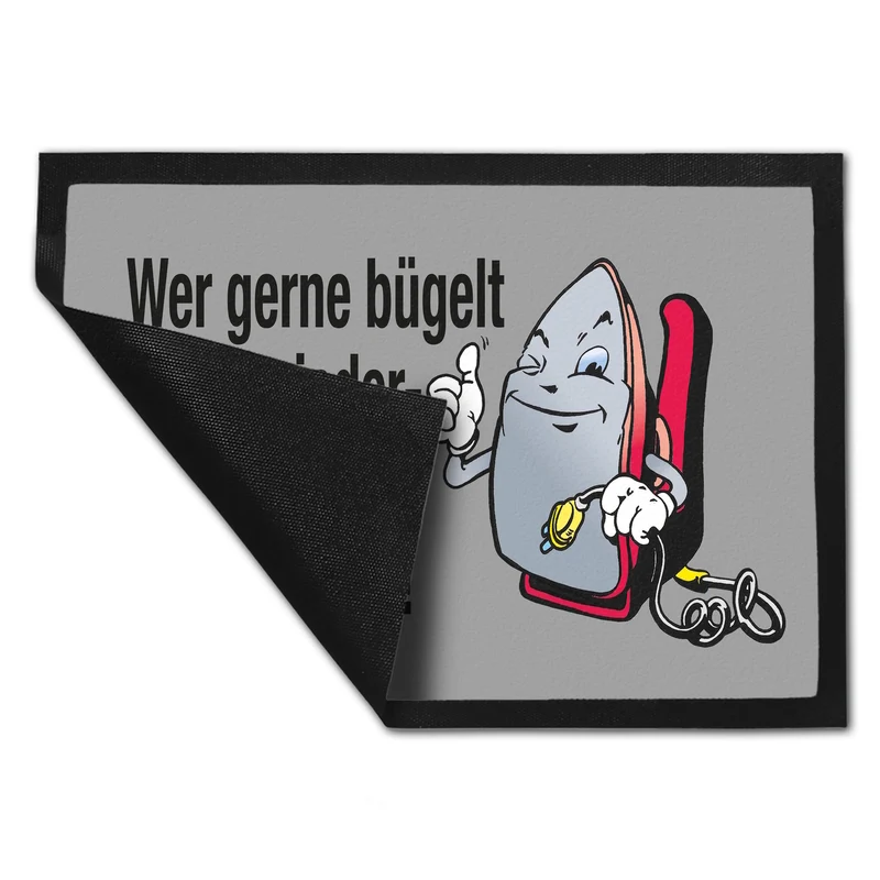 Lächelndes Bügeleisen Fußmatte in 35x50 cm mit Spruch: Freunde des Bügelns willkommen!