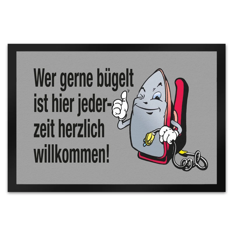 Lächelndes Bügeleisen Fußmatte in 35x50 cm mit Spruch: Freunde des Bügelns willkommen!