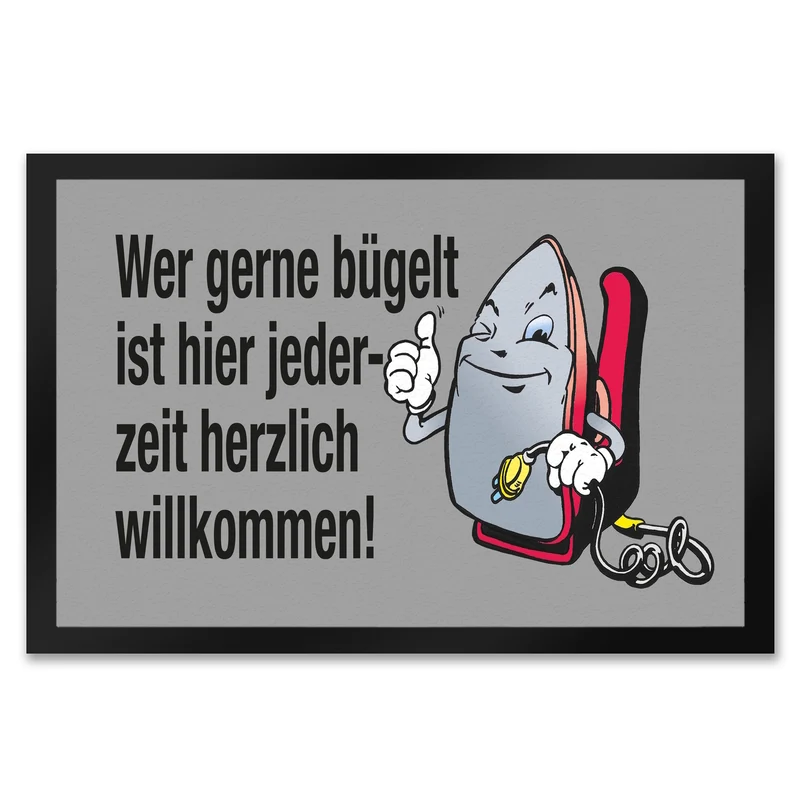 Lächelndes Bügeleisen Fußmatte in 35x50 cm mit Spruch: Freunde des Bügelns willkommen!